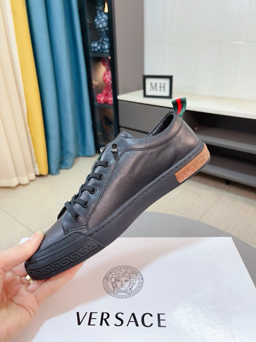Versace sneakers, taupe leather lace-up with orange-brown rubber sole and logo edge