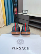 Versace sneakers heels pair, dark leather with green-red web strap, tan rubber sole