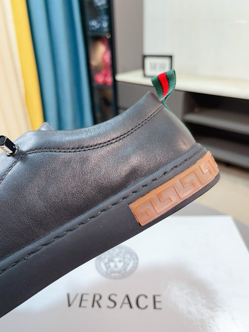 Versace sneakers heel, dark gray leather with green and red striped tab, lace-up
