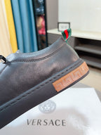 Versace sneakers heel, dark gray leather with green and red striped tab, lace-up