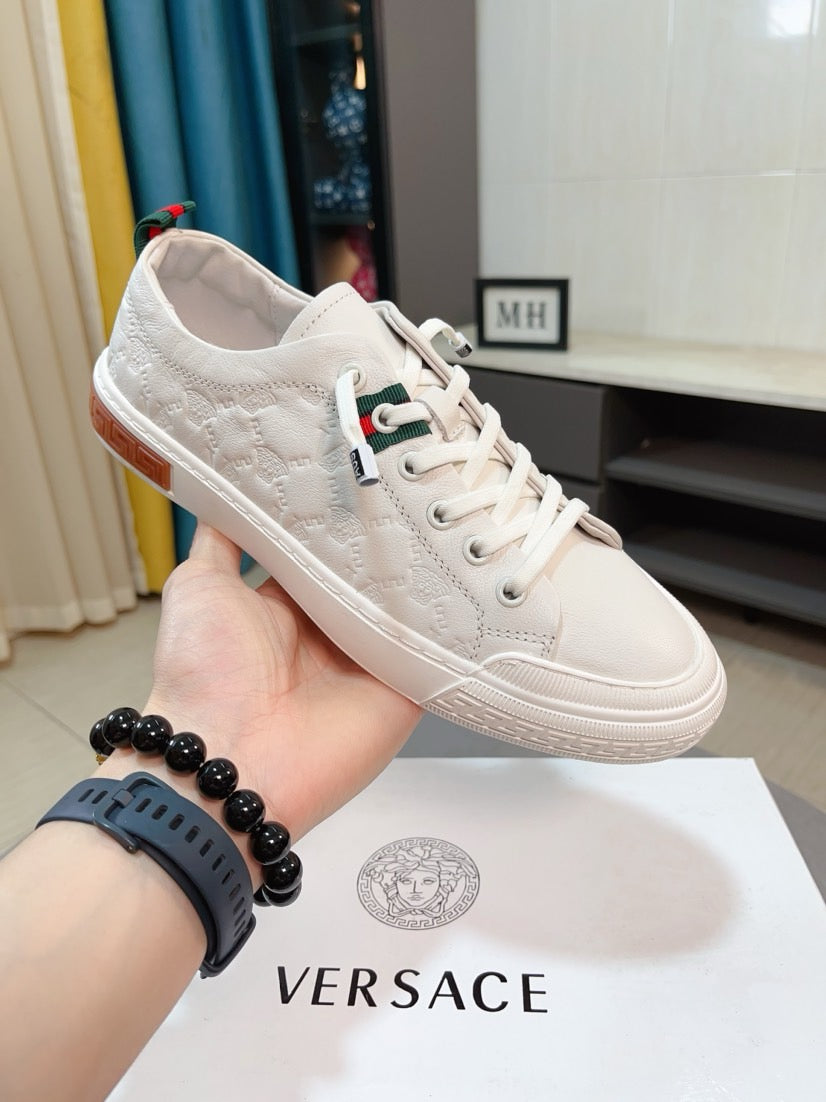 Versace white lace-up sneakers with multicolor stripe logo on the side