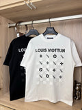 White crewneck T-shirt with “LOUIS VIOTTVN” graphic and icons on chest