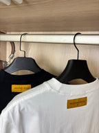 Crewneck T-shirts close-up: black and white collars with yellow inner labels