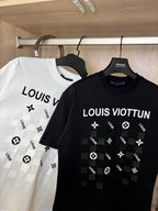 White and black crewneck T-shirts with “LOUIS VIOTTVN” chest graphics