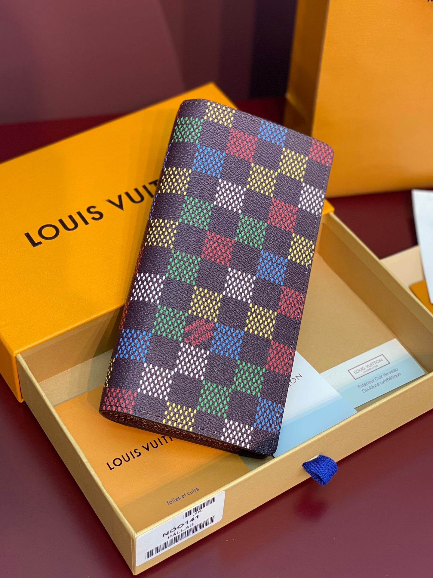 Louis Vuitton multicolor checkered small bag at an angle, textured fabric look