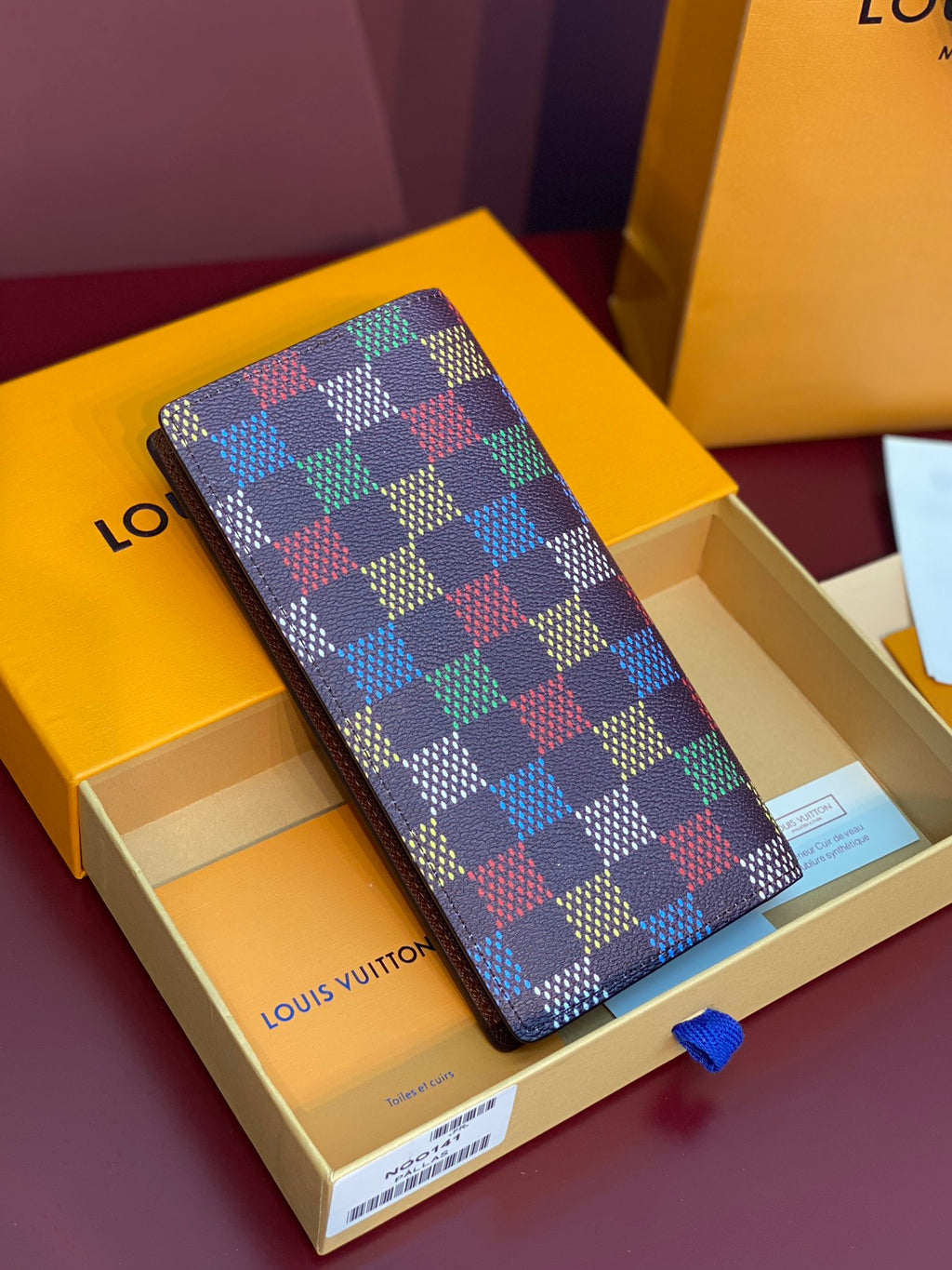 Louis Vuitton multicolor checkered small bag on a box, front view