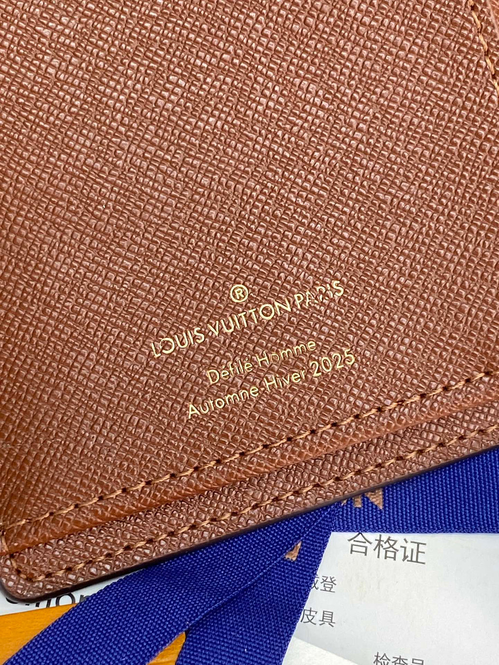 Louis Vuitton brown textured small bag close-up with gold logo imprint
