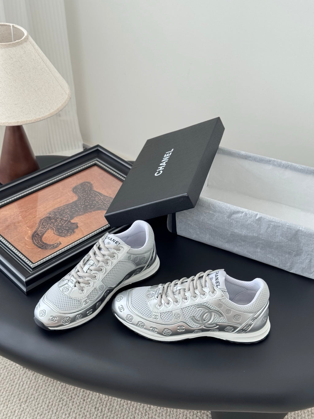Chanel unisex white sneakers, lace-up design with side logo, with gift box