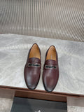 Prada unisex leather loafers, dark burgundy with metal buckle strap