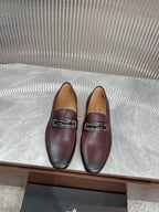 Prada unisex leather loafers, dark burgundy with metal buckle strap