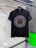 Versace black crewneck T-shirt with colorful Medusa rhinestone chest graphic