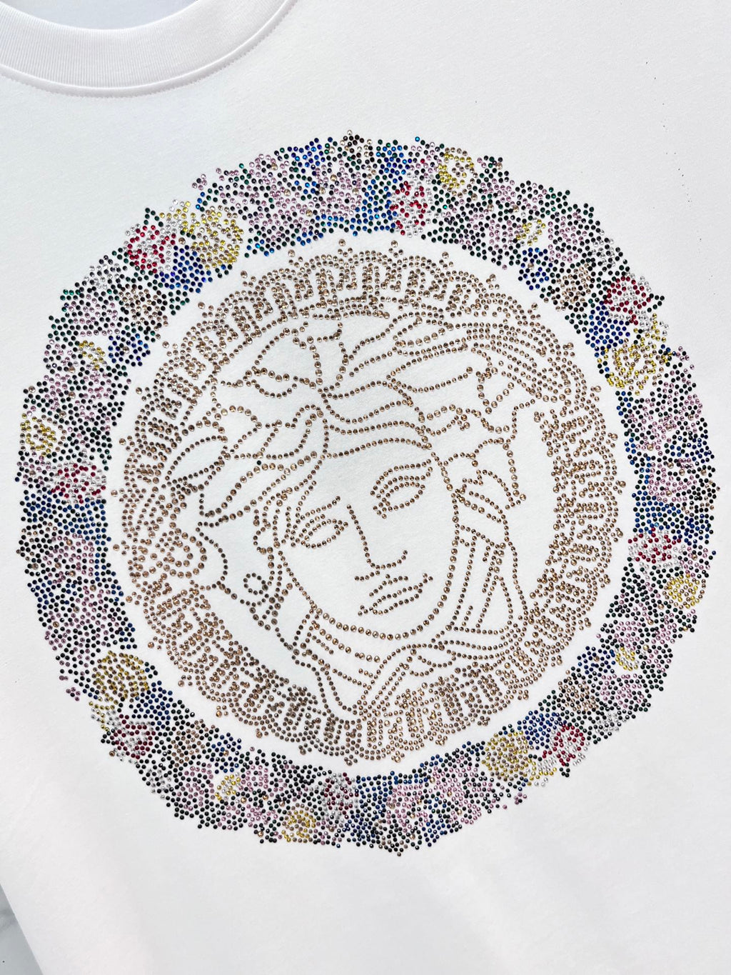 Versace white T-shirt Medusa rhinestone portrait graphic in multicolor dots