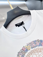 Versace white T-shirt close-up of crew neckline and VERSACE label