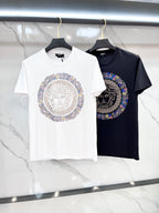 Set of two crewneck T-shirts: white and black, each with a rhinestone Medusa graphic