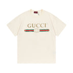 Cream Gucci short-sleeve T-shirt with GUCCI logo and striped emblem graphic
