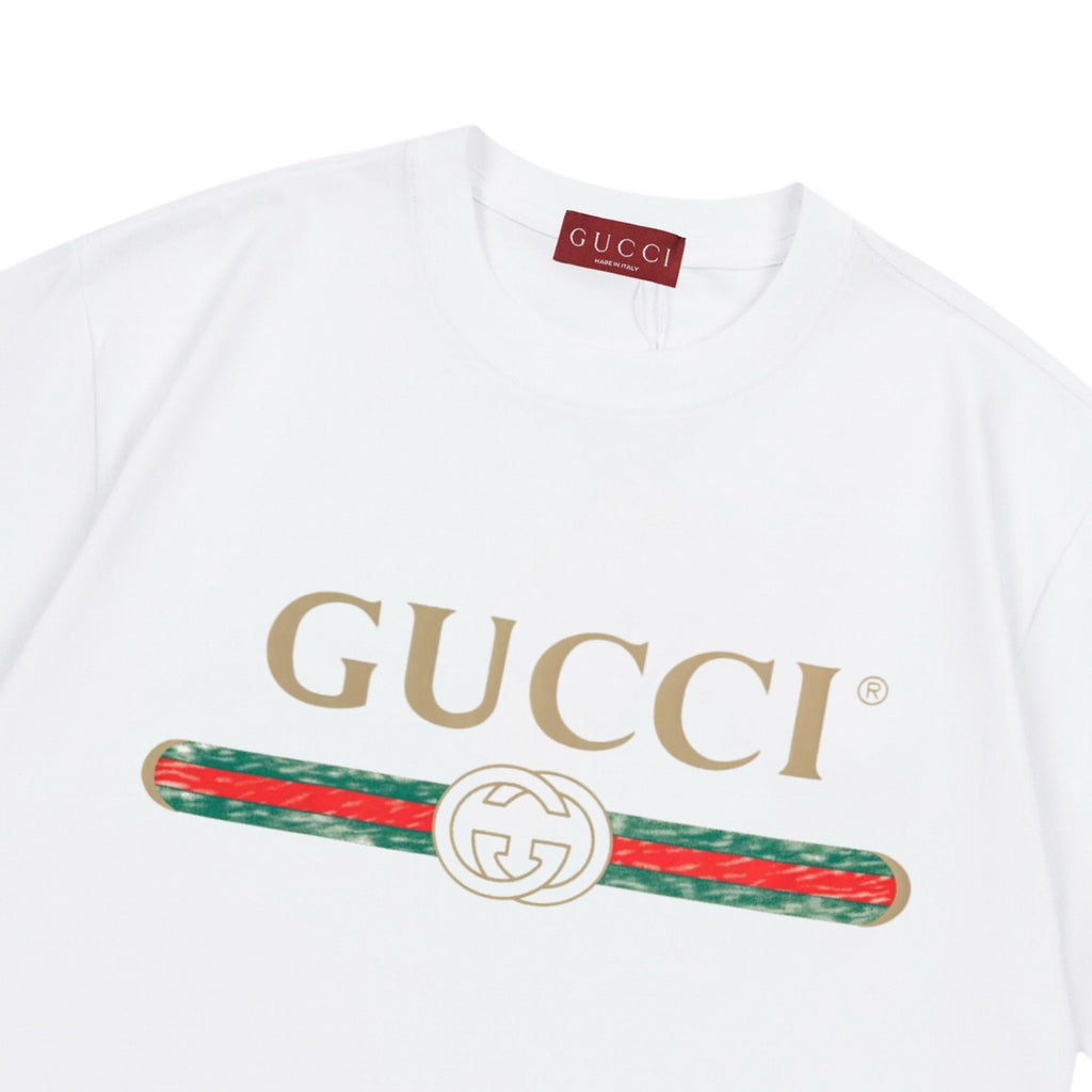 White Gucci T-shirt with large GUCCI logo and red-green stripe detail