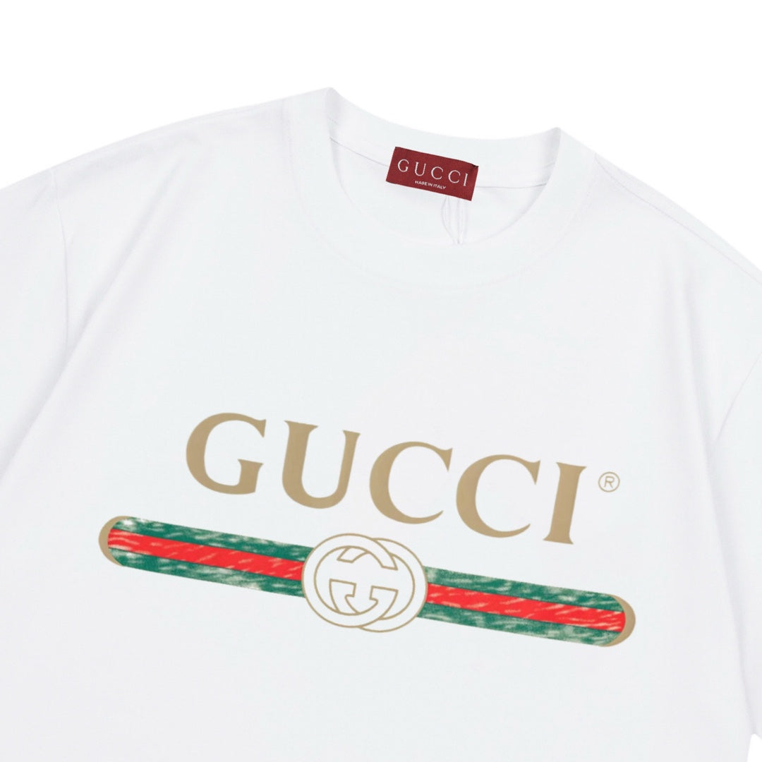 White Gucci T-shirt with large GUCCI logo and red-green stripe detail