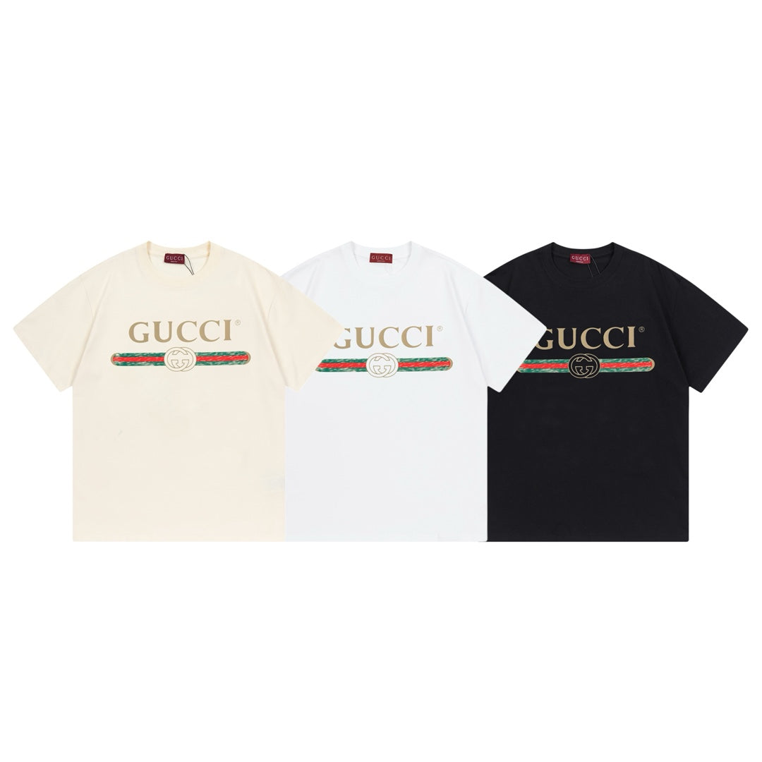 Three short-sleeve T-shirts: cream with logo and black with logo