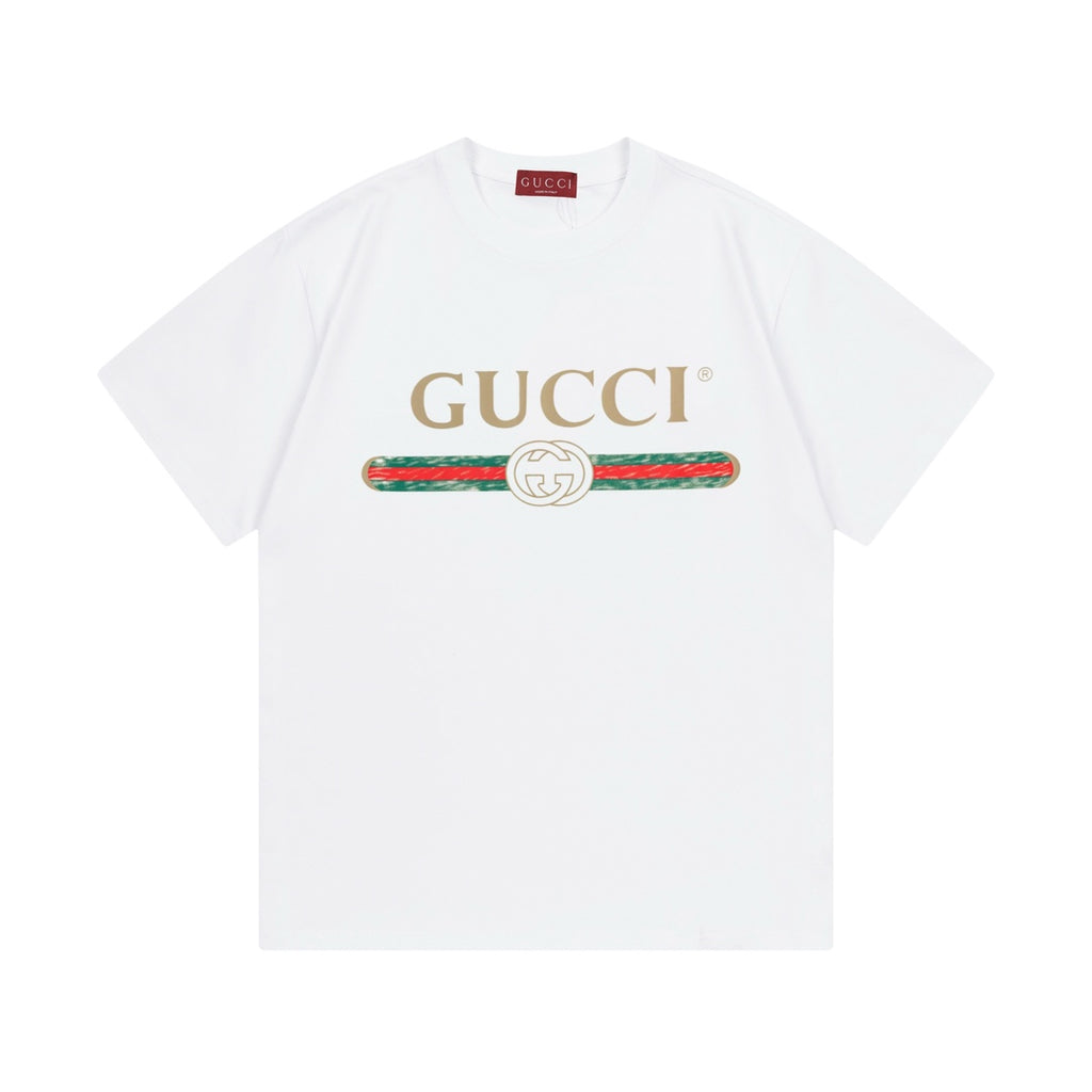 White Gucci T-shirt with gold GUCCI logo and red-green stripe graphic