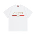 White Gucci T-shirt with gold GUCCI logo and red-green stripe graphic