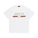 White Gucci T-shirt with gold GUCCI logo and red-green stripe graphic