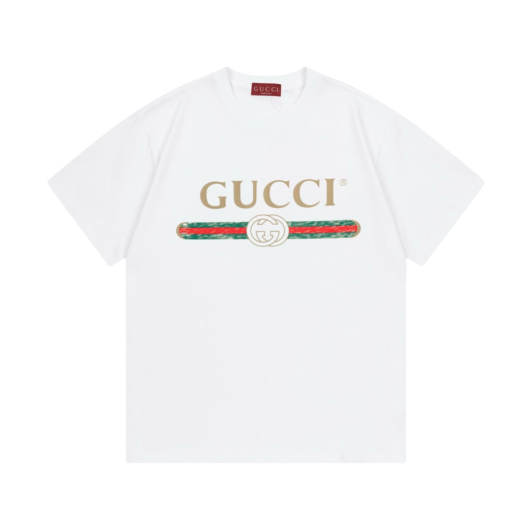 White Gucci T-shirt with gold GUCCI logo and red-green stripe graphic