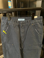 Prada denim cargo pants, dark wash, belt loops, buttoned front with curved pocket seams