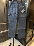 Prada denim cargo pants, light blue, patch pockets, brown leather-trimmed logo patch