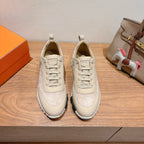 Cream suede lace-up sneakers with padded collar and chunky white sole, pair view