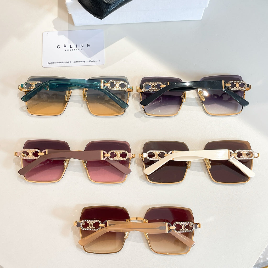 Assorted Celine sunglasses lineup with teal, burgundy, brown and black frames
