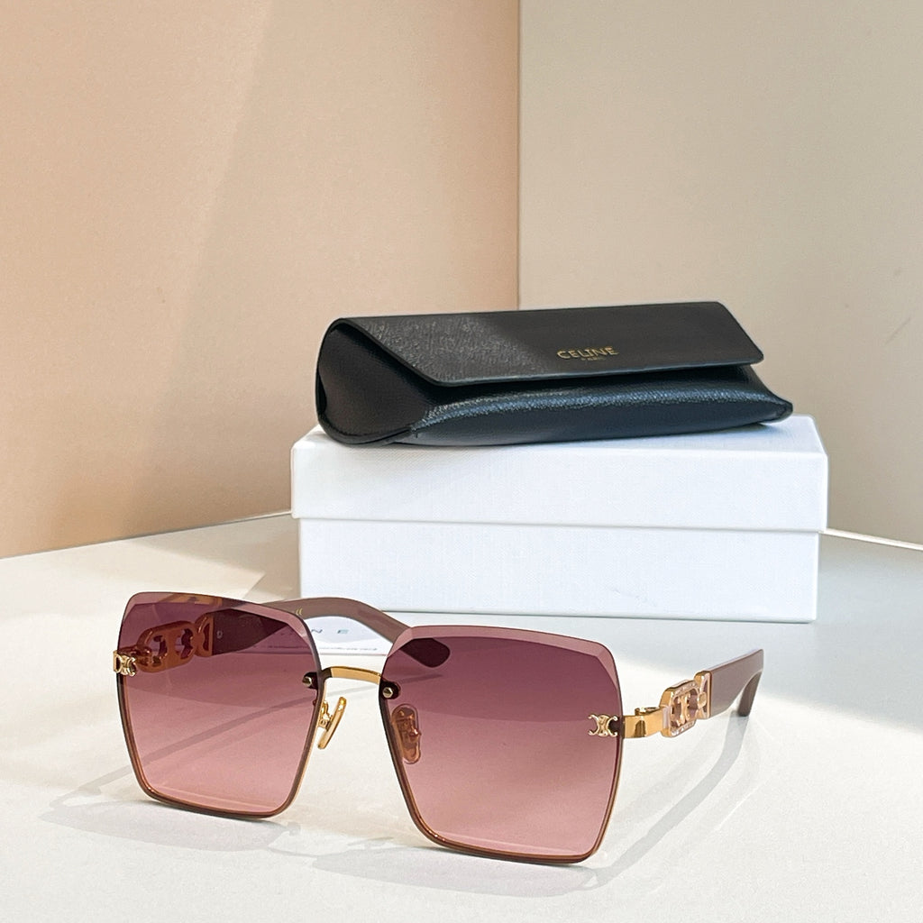 Celine sunglasses with rose frames and pink lenses, gold chain-link temple detail