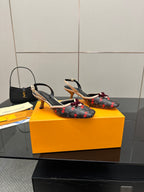 Women’s slingback flats with red cherries, burgundy bow, black patterned fabric, gold buckle