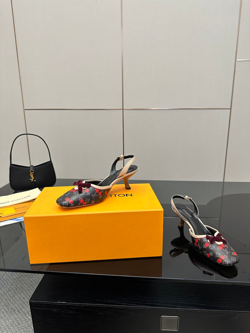 Women’s slingback flats with cherry print and burgundy bows, black ankle strap, kitten heel