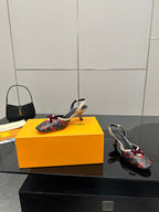 Women’s slingback flats with cherry print and burgundy bows, black ankle strap, kitten heel