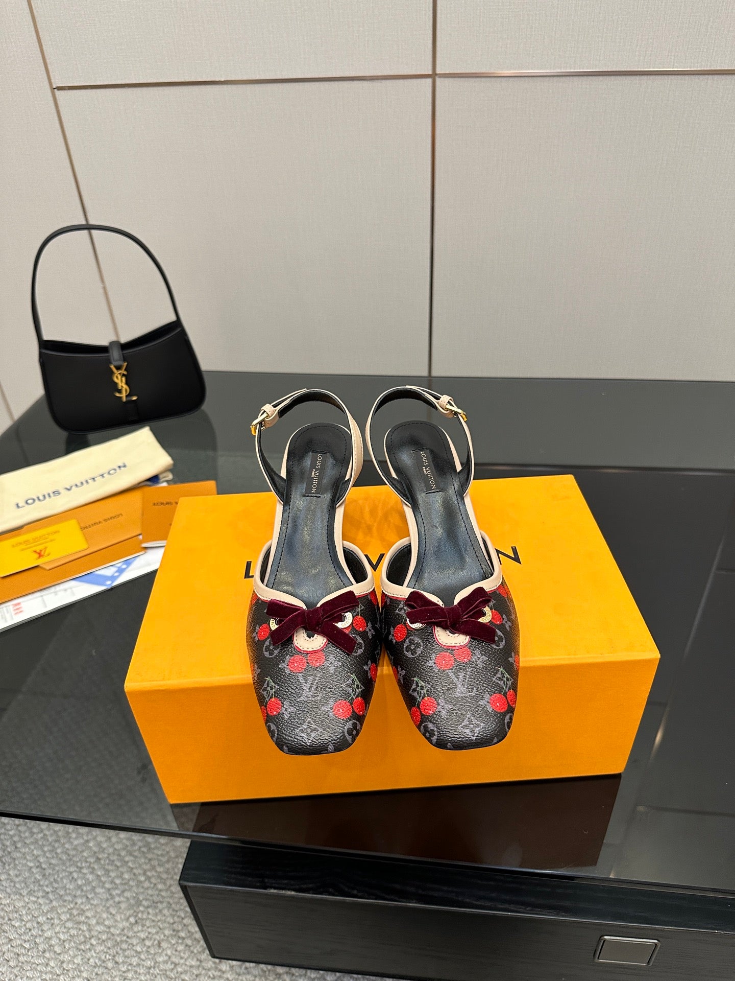 Women’s slingback flats with cherry print fabric, burgundy bow, gold buckle, low heel