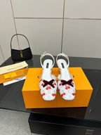 Women's slingback flats with white fabric and red cherry pattern, bow detail