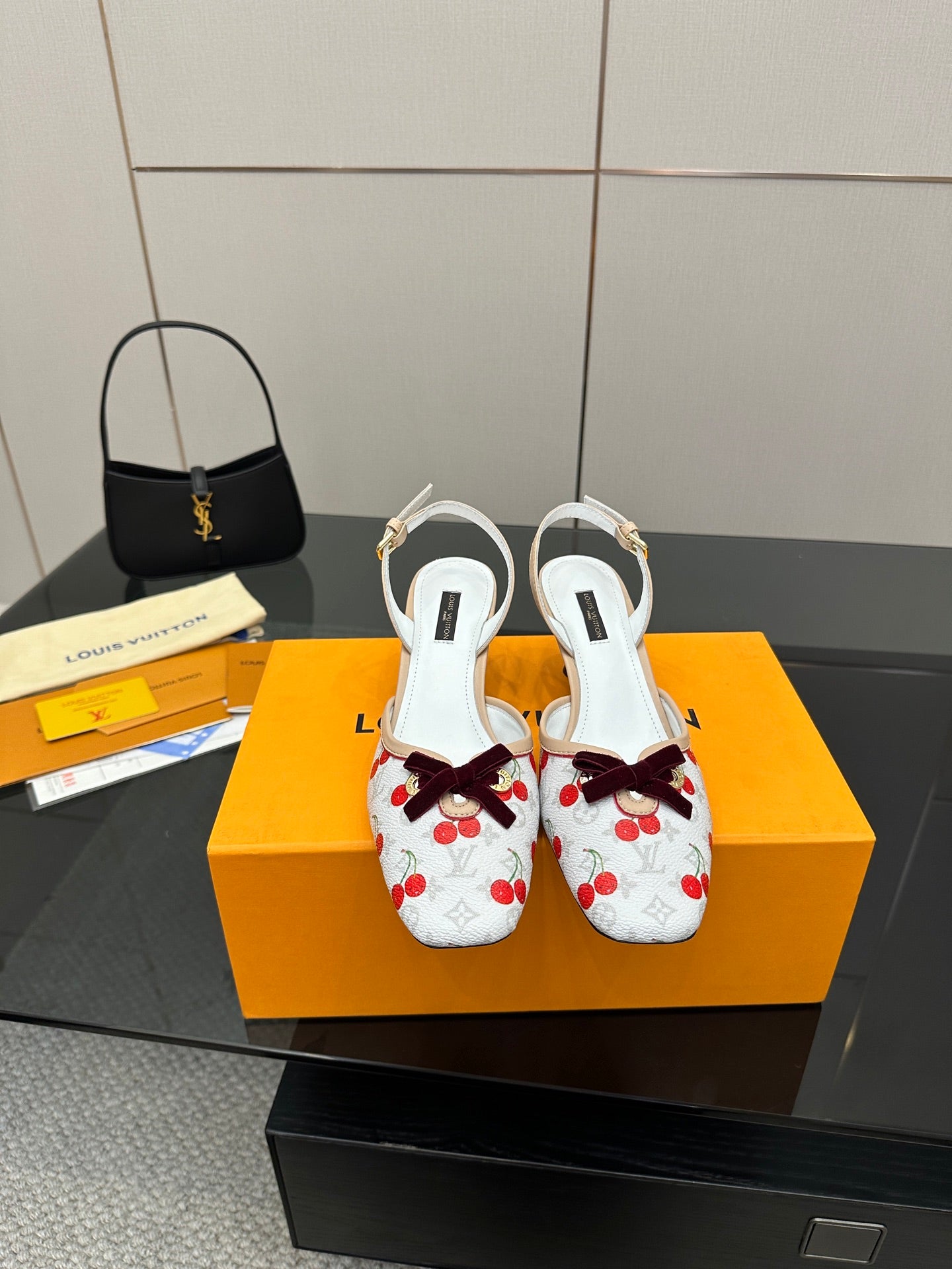 Women's slingback flats with white fabric and red cherry pattern, bow detail