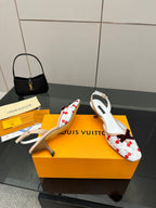 Women's slingback flats with white fabric and red cherry print, decorative bow