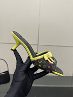 Louis Vuitton slide sandal, multicolor monogram upper with neon green trim and bow detail