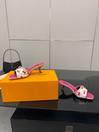Pink and white cherry print mule slides with block heels