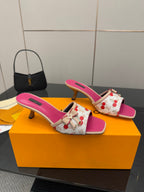 Pink and white cherry print mule sandals with wood-look block heels