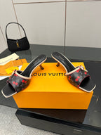 Louis Vuitton ladies slide mules, black with red cherries, beige trim, low block heel