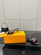 Louis Vuitton ladies slide mules on black outsole, black/red cherry print, low heel