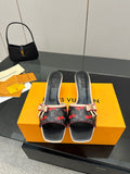 Louis Vuitton ladies slide mules, black with red cherry print, beige trim, flat sole