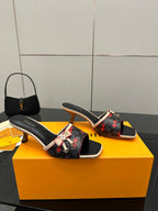Louis Vuitton ladies slide mules, black canvas with red cherry motif, mid-height heel