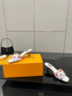 Women’s white cherry-print mules with red bow charms and mid block heel