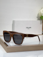 Brown sunglasses with square cat-eye frames and dark tinted lenses