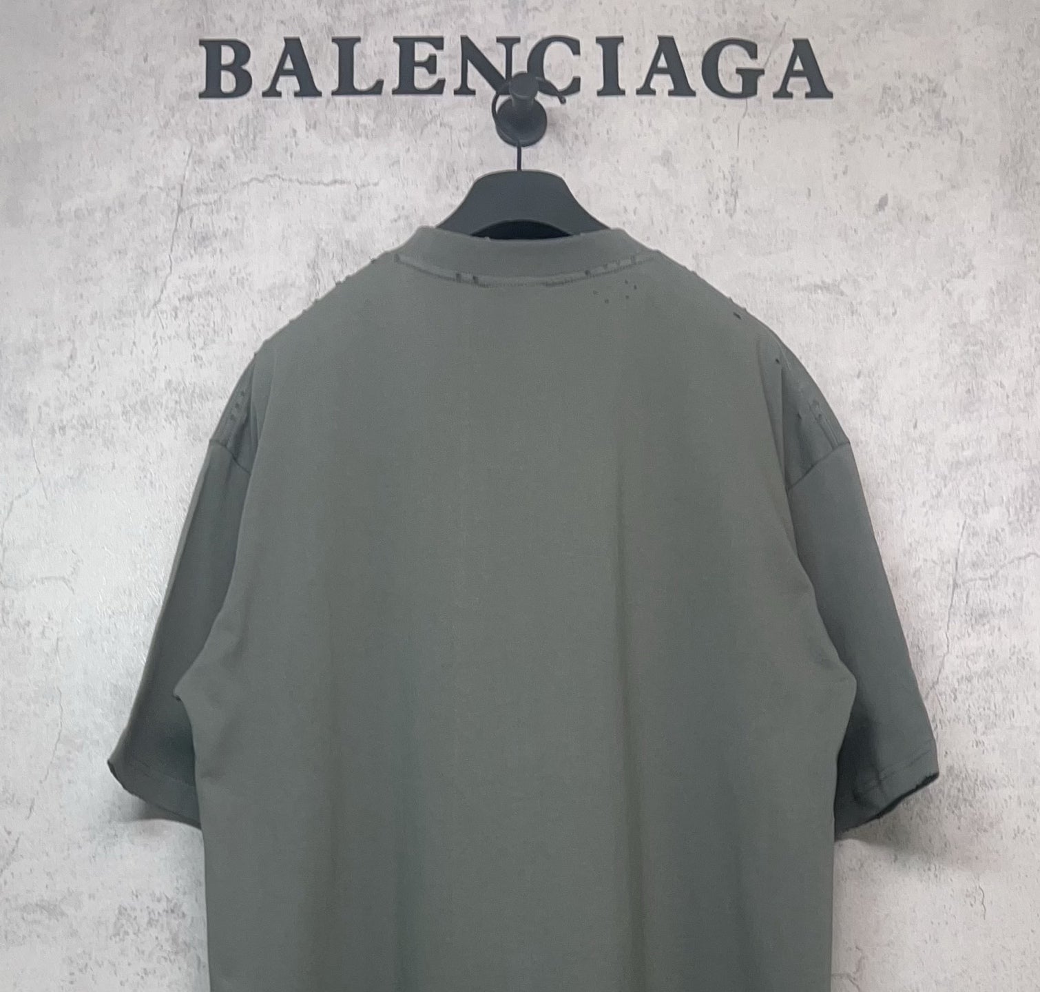 Balenciaga crewneck T-shirt back view, dark gray-green, short sleeves