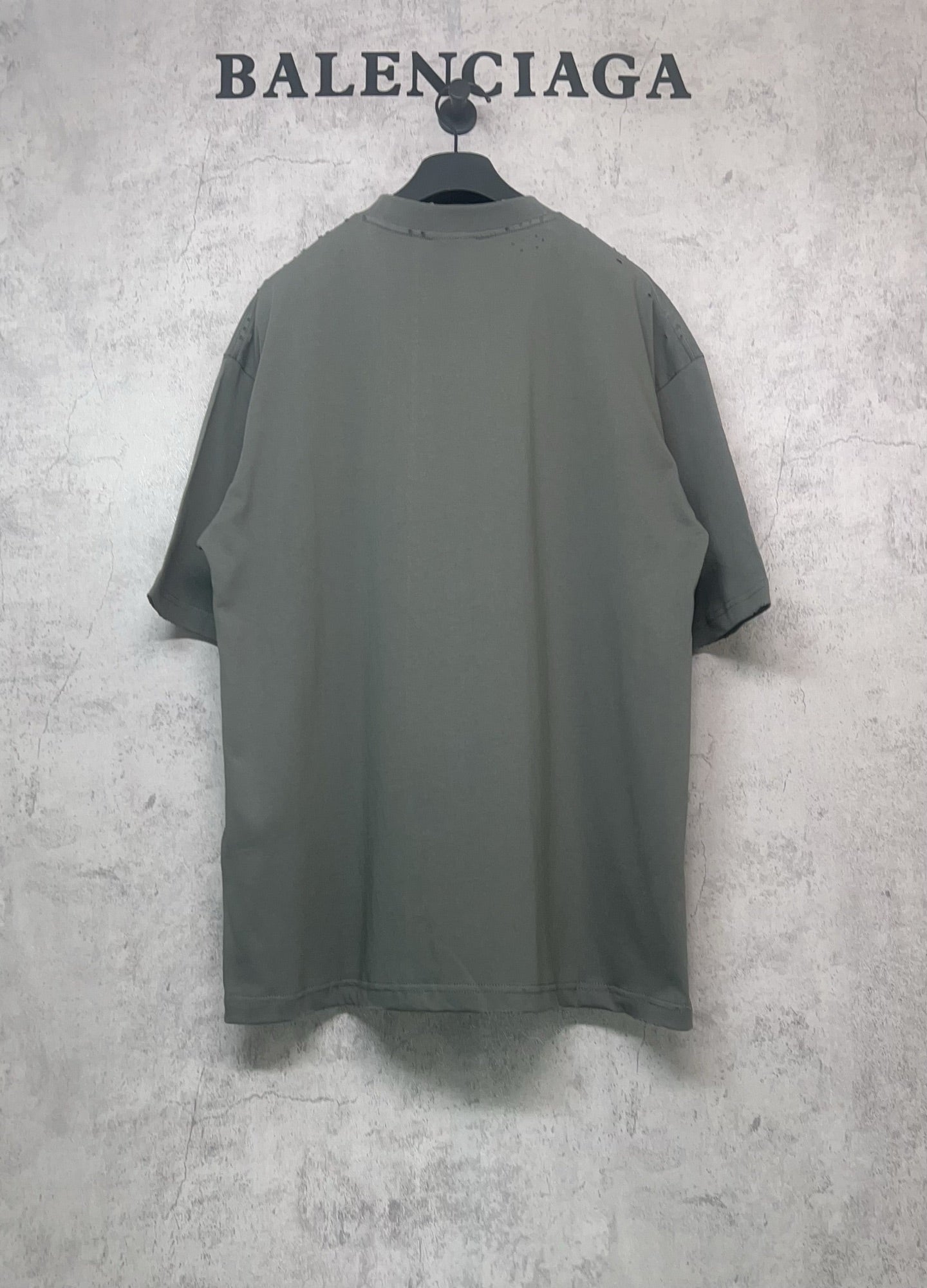 Balenciaga crewneck T-shirt back view, dark gray-green, short sleeves