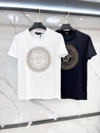 Versace T-shirts: white and black crewnecks with gold Medusa circular logo
